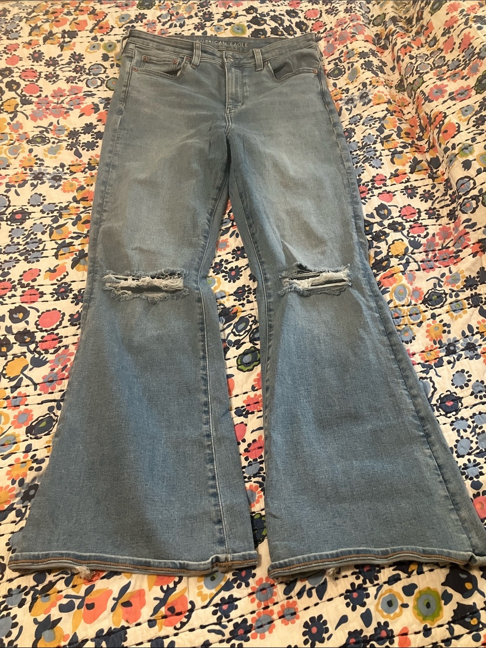 American Eagle Outfitters Women's Light Blue Distressed Flare Jeans